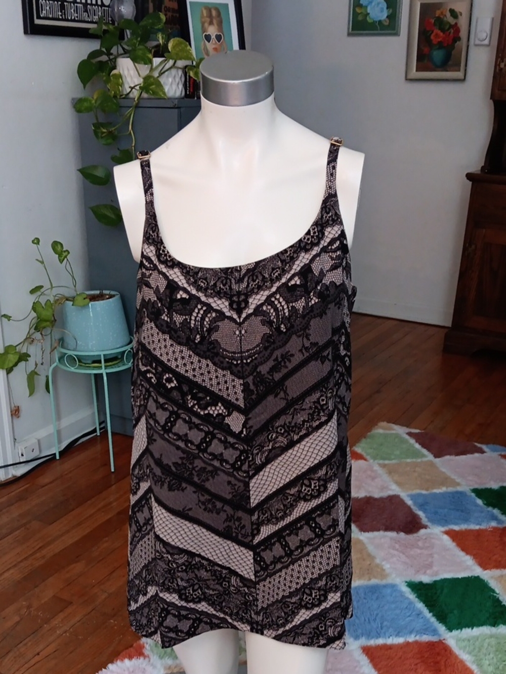 Cabi Black and Nude Lace Patterned Women's Mini Dress